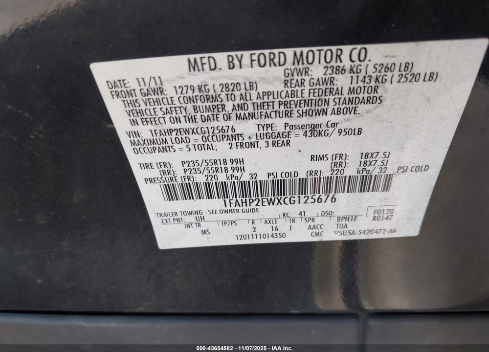 2012 FORD TAURUS SEL VIN: 1FAHP2EWXCG125676