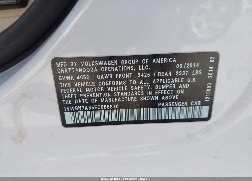 2014 VOLKSWAGEN PASSAT 2.0L TDI SE VIN: 1VWBN7A35EC085870