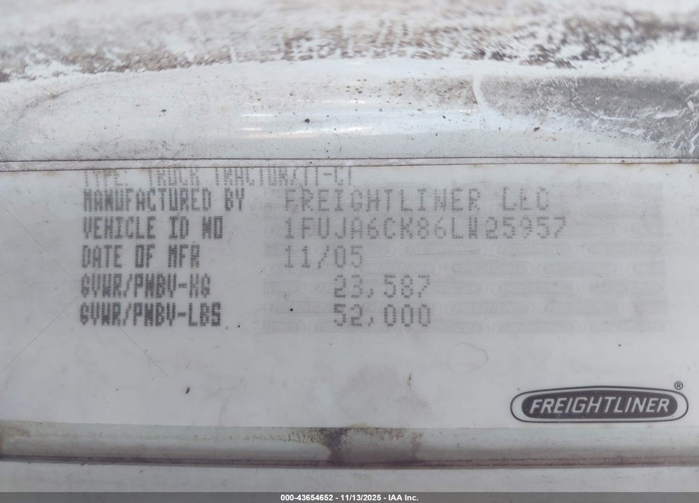 2006 FREIGHTLINER CONVENTIONAL COLUMBIA VIN: 1FUJA6CK86LW25957