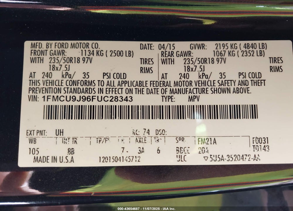 2015 FORD ESCAPE TITANIUM VIN: 1FMCU9J96FUC28343