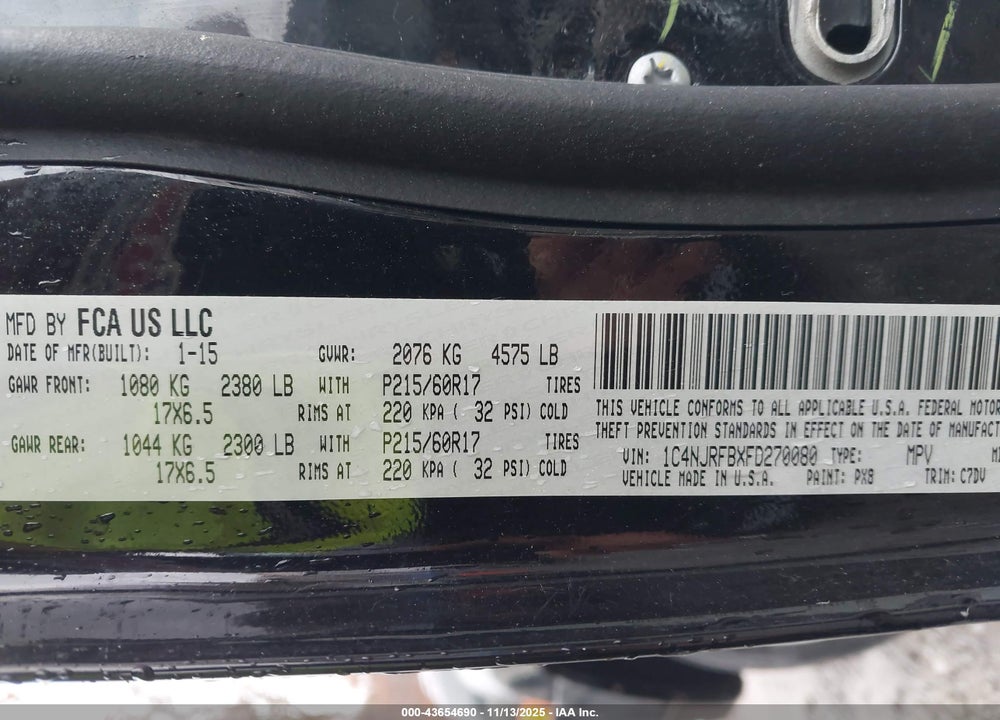 2015 JEEP PATRIOT LATITUDE VIN: 1C4NJRFBXFD270080