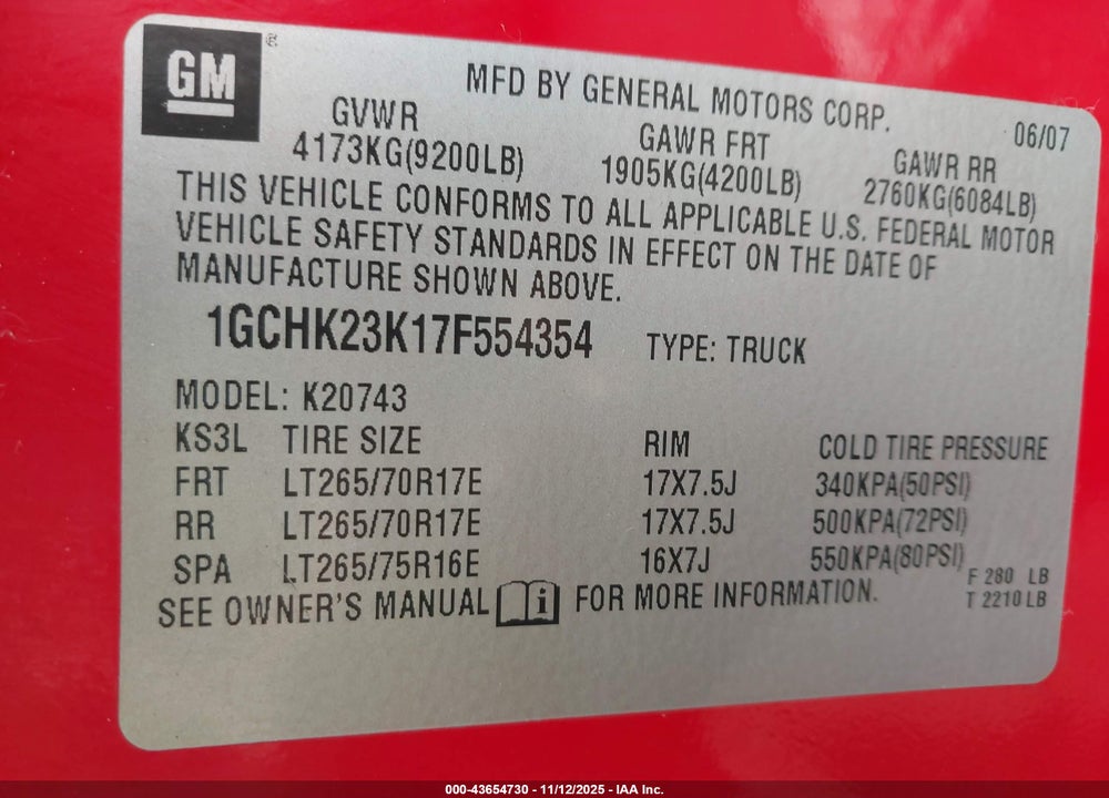 2007 CHEVROLET SILVERADO 2500HD LT2 VIN: 1GCHK23K17F554354
