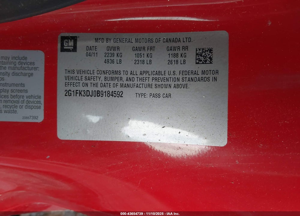 2011 CHEVROLET CAMARO 2SS VIN: 2G1FK3DJ0B9184592
