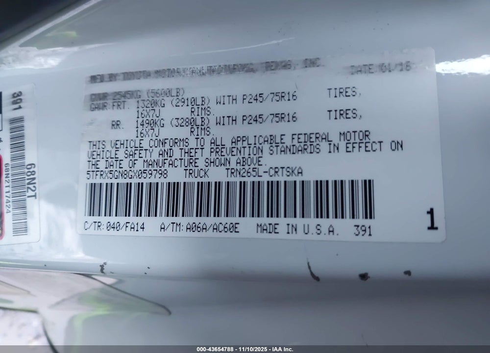 2016 TOYOTA TACOMA SR VIN: 5TFRX5GN8GX059798