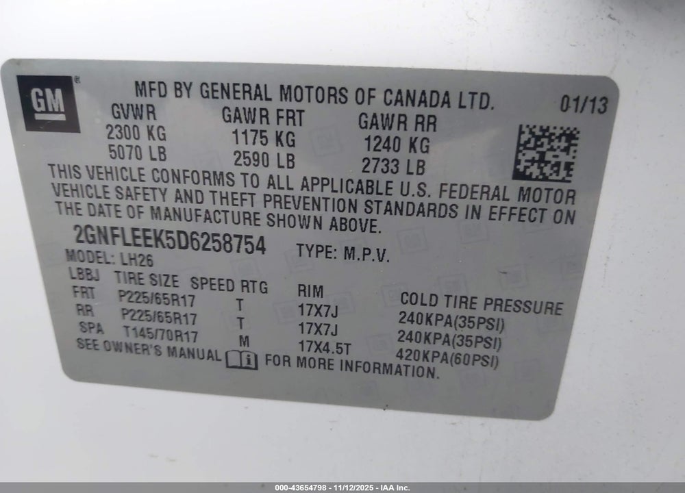 2013 CHEVROLET EQUINOX 1LT VIN: 2GNFLEEK5D6258754
