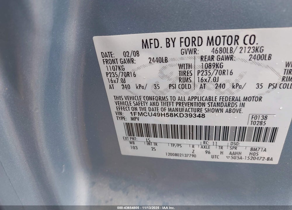 2008 FORD ESCAPE HYBRID VIN: 1FMCU49H58KD39348