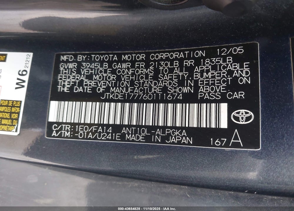 2006 SCION TC VIN: JTKDE177760111674