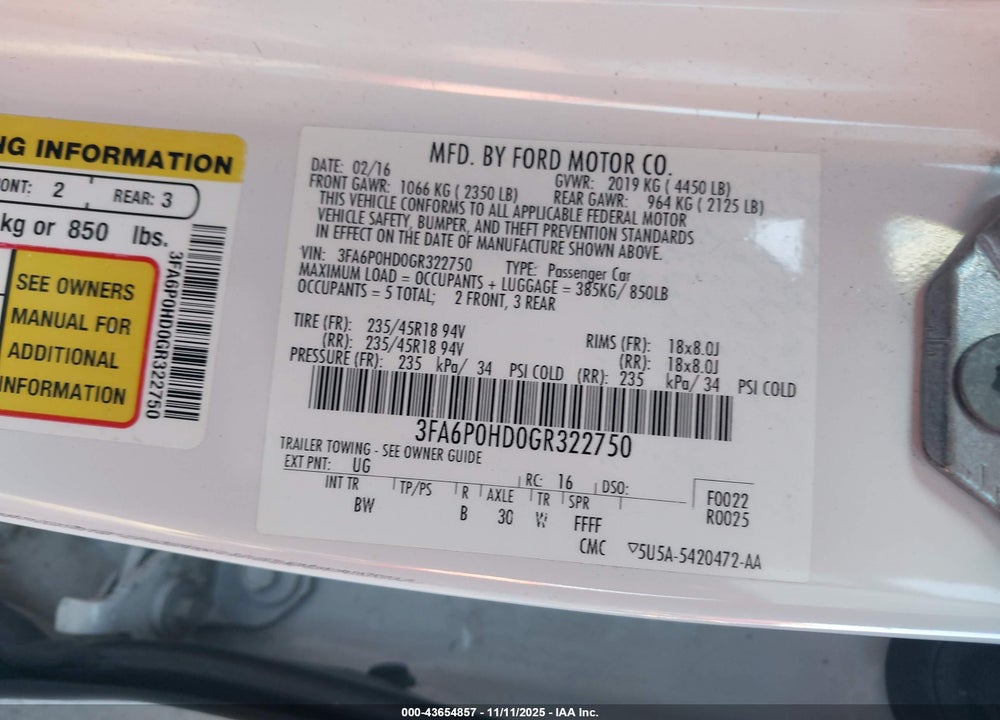 2016 FORD FUSION SE VIN: 3FA6P0HD0GR322750