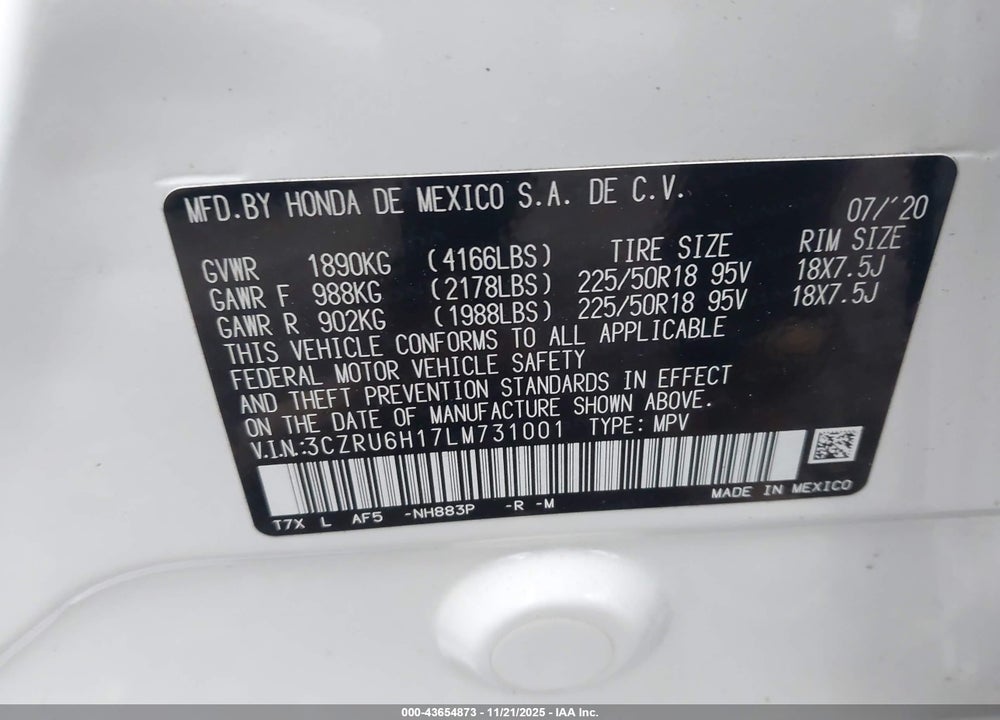 2020 HONDA HR-V VIN: 3CZRU6H17LM731001