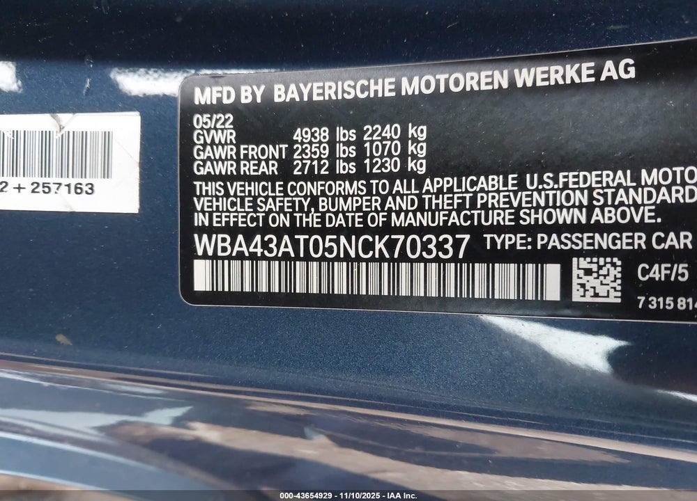 2022 BMW 430I VIN: WBA43AT05NCK70337