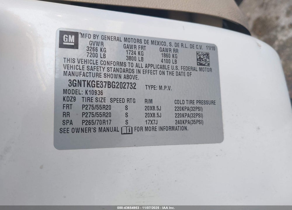 2011 CHEVROLET AVALANCHE 1500 LTZ VIN: 3GNTKGE37BG202732