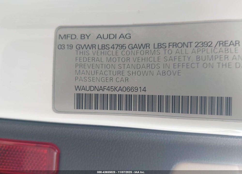 2019 AUDI A4 45 PREMIUM VIN: WAUDNAF45KA066914