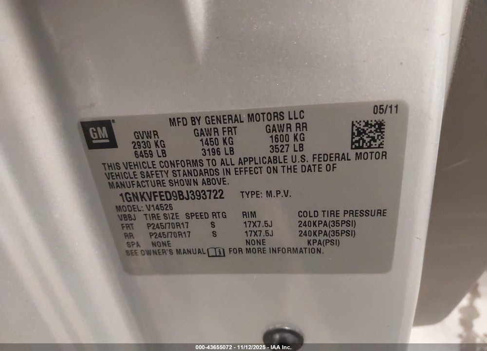2011 CHEVROLET TRAVERSE VIN: 1GNKVFED9BJ393722