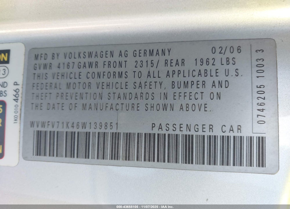 2006 VOLKSWAGEN GTI 2-DOOR VIN: WVWFV71K46W139851