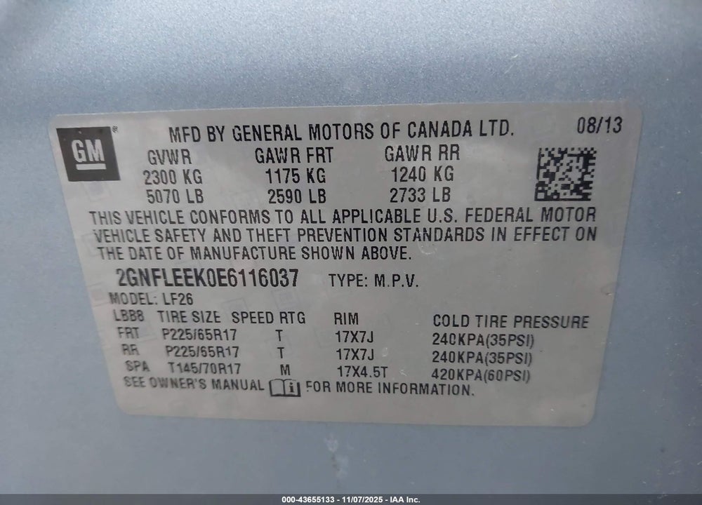 2014 CHEVROLET EQUINOX LS VIN: 2GNFLEEK0E6116037