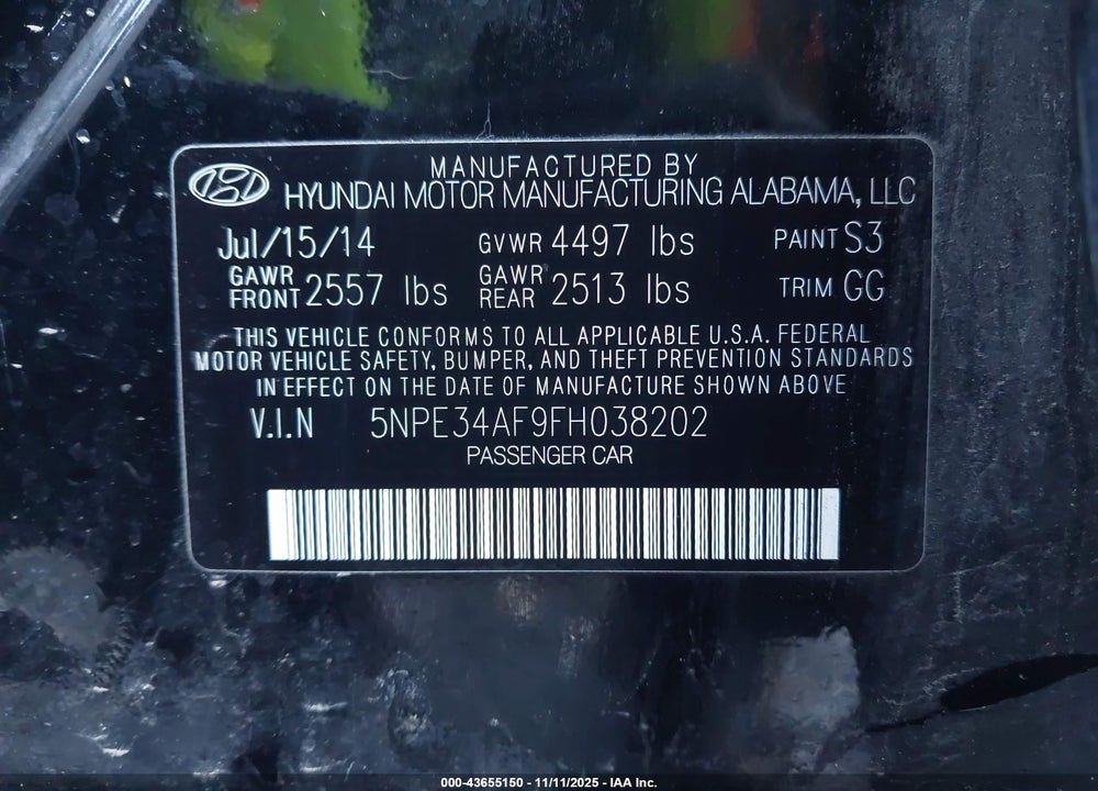 2015 HYUNDAI SONATA LIMITED VIN: 5NPE34AF9FH038202