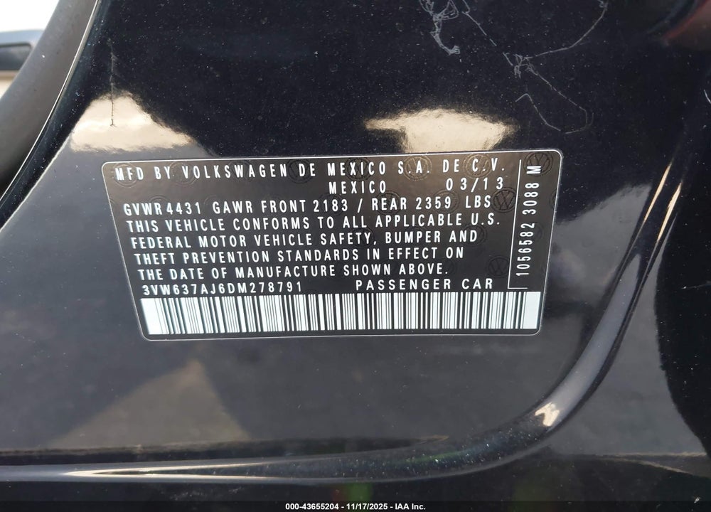 2013 VOLKSWAGEN JETTA HYBRID SEL VIN: 3VW637AJ6DM278791
