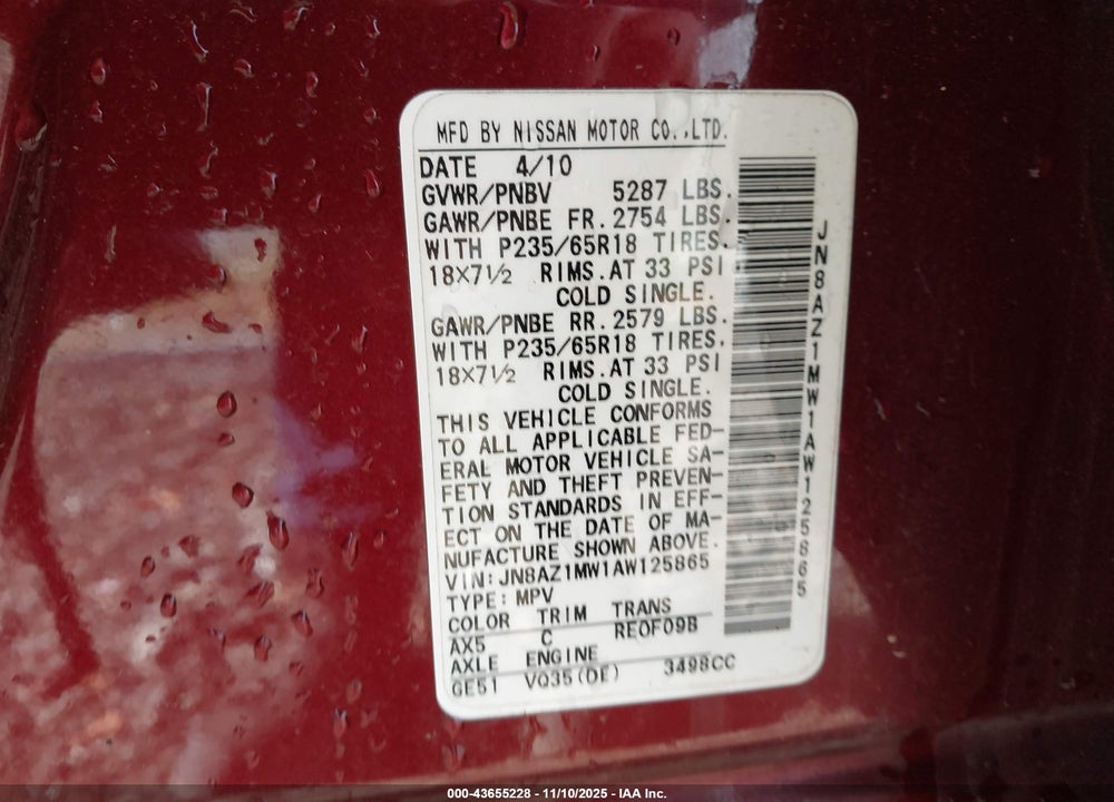 2010 NISSAN MURANO SL VIN: JN8AZ1MW1AW125865