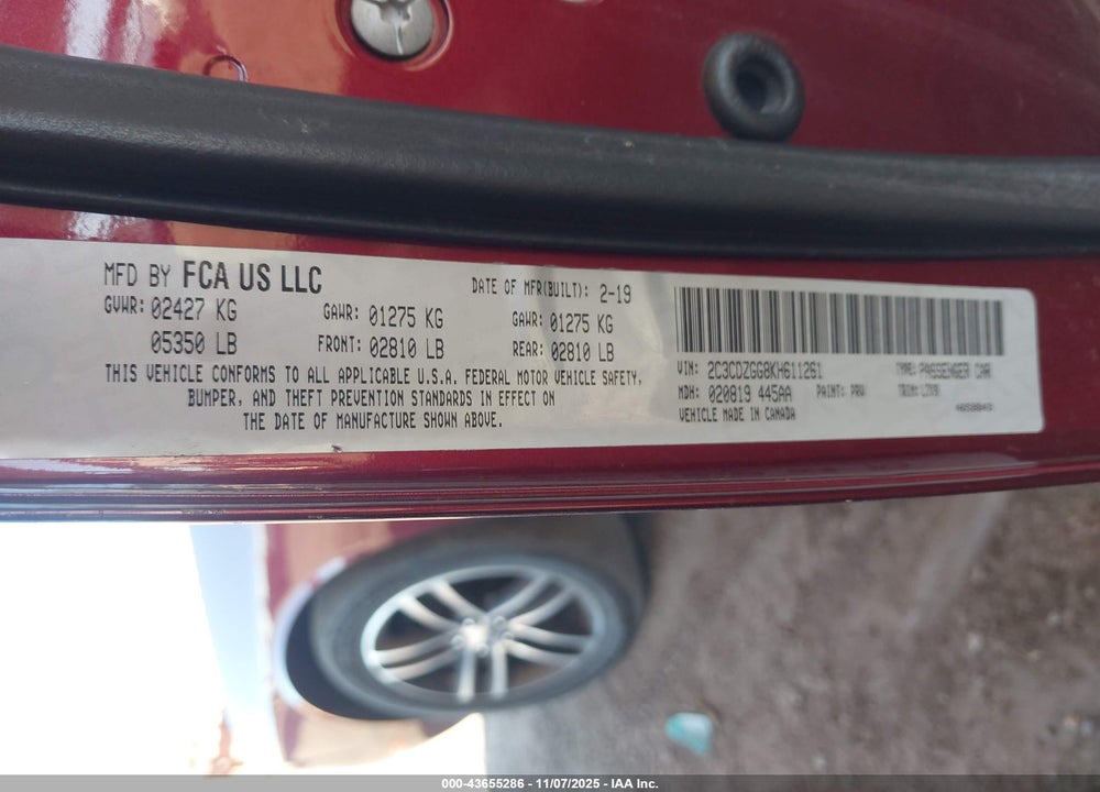 2019 DODGE CHALLENGER VIN: 2C3CDZGG8KH611261