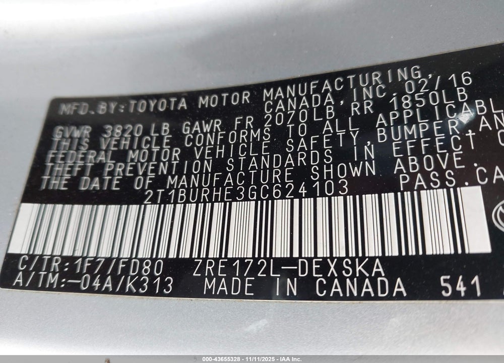 2016 TOYOTA COROLLA S PLUS VIN: 2T1BURHE3GC624103