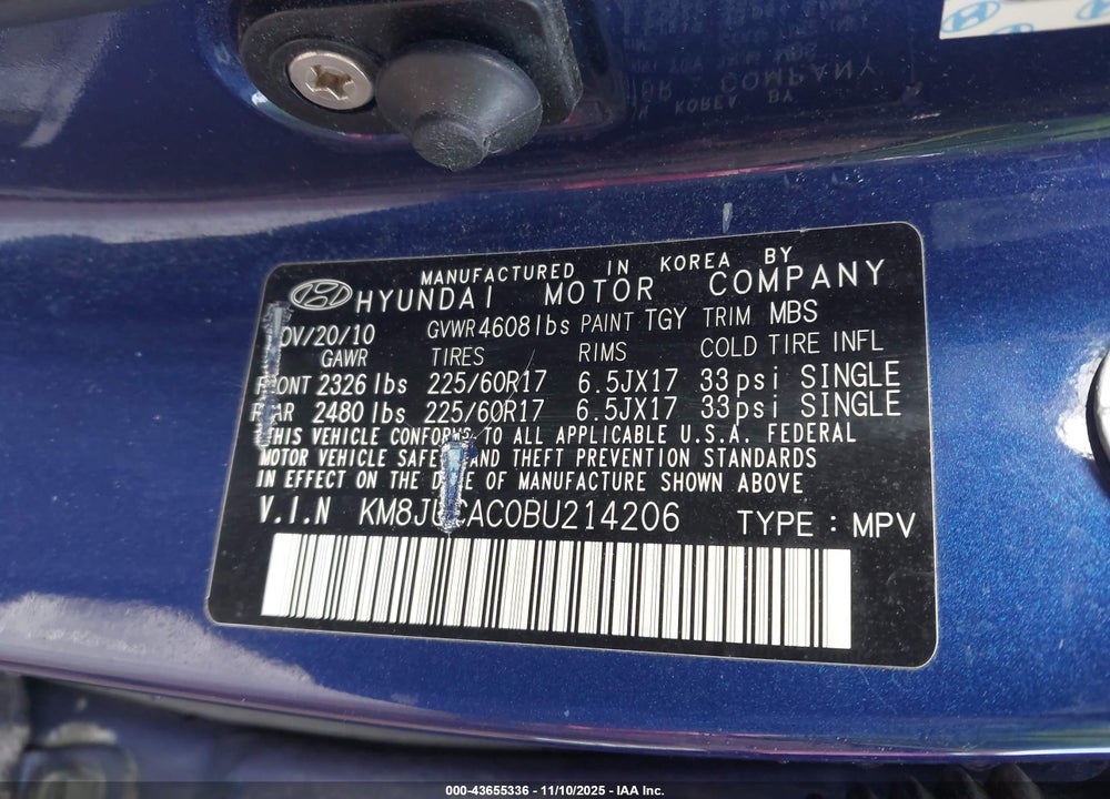 2011 HYUNDAI TUCSON VIN: KM8JUCAC0BU214206