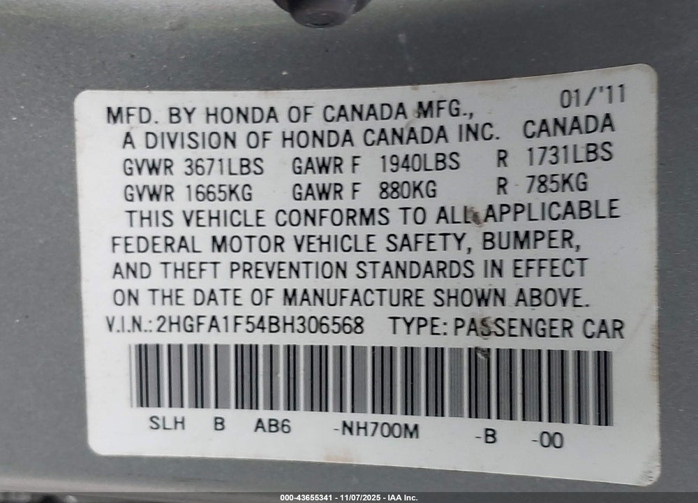2011 HONDA CIVIC LX VIN: 2HGFA1F54BH306568