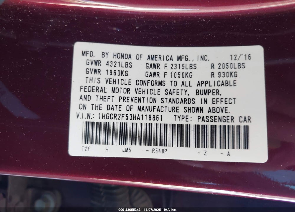 2017 HONDA ACCORD SPORT VIN: 1HGCR2F53HA118861
