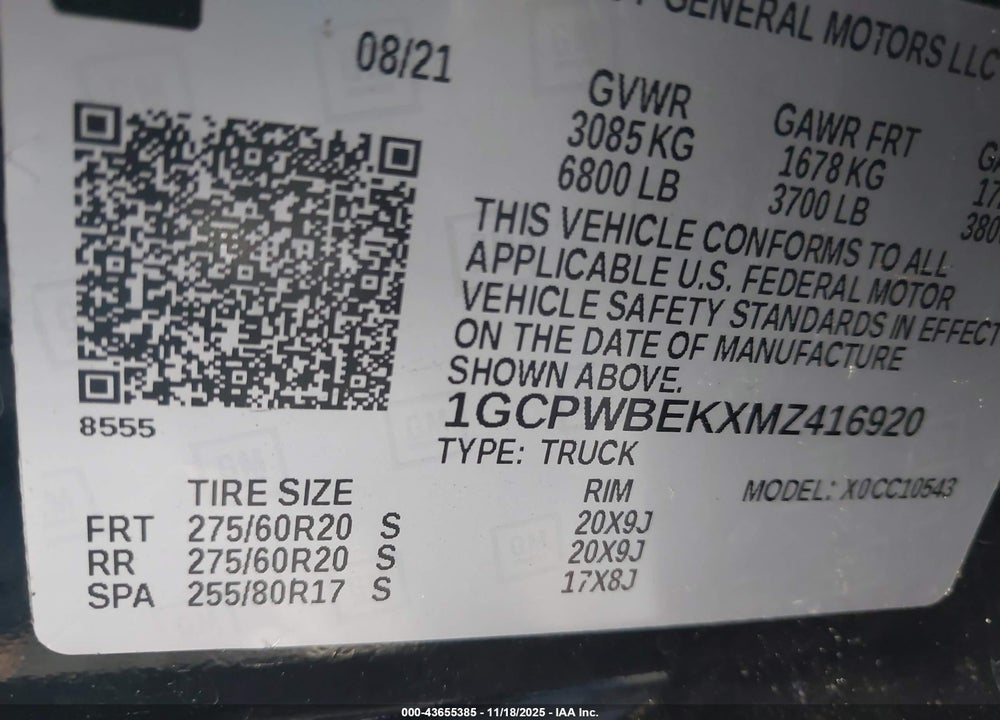 2021 CHEVROLET SILVERADO 1500 2WD SHORT BED CUSTOM VIN: 1GCPWBEKXMZ416920