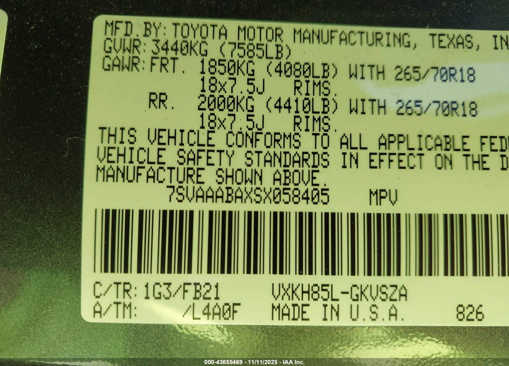 2025 TOYOTA SEQUOIA VIN: 7SVAAABAXSX058405