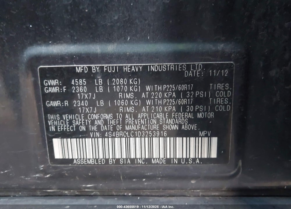 2013 SUBARU OUTBACK VIN: 4S4BRCLC1D3253916