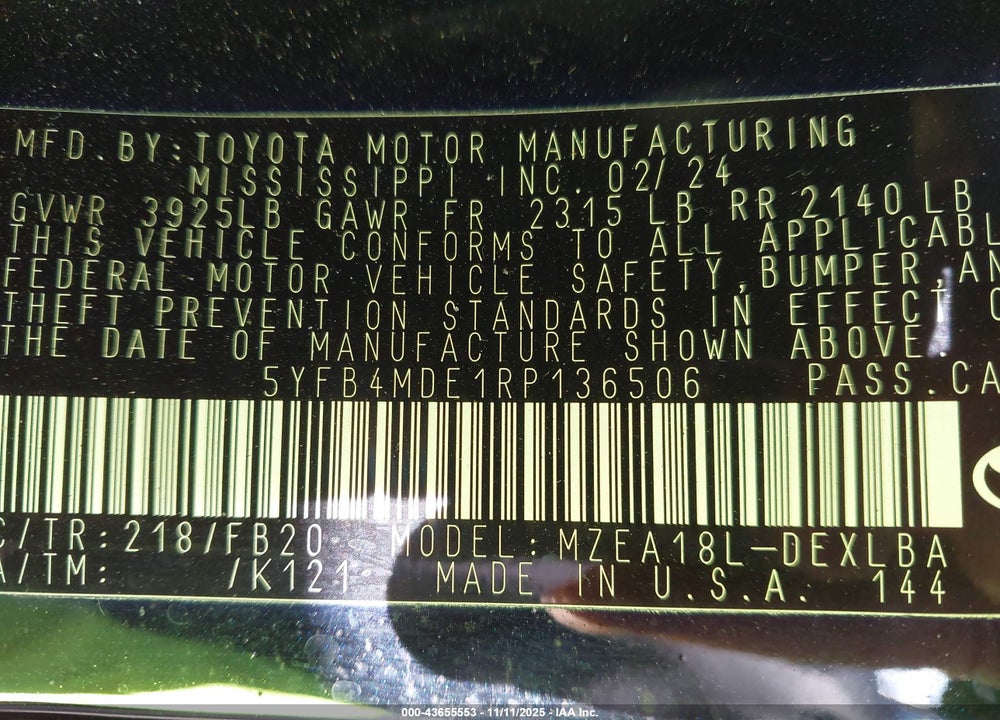 2024 TOYOTA COROLLA VIN: 5YFB4MDE1RP136506