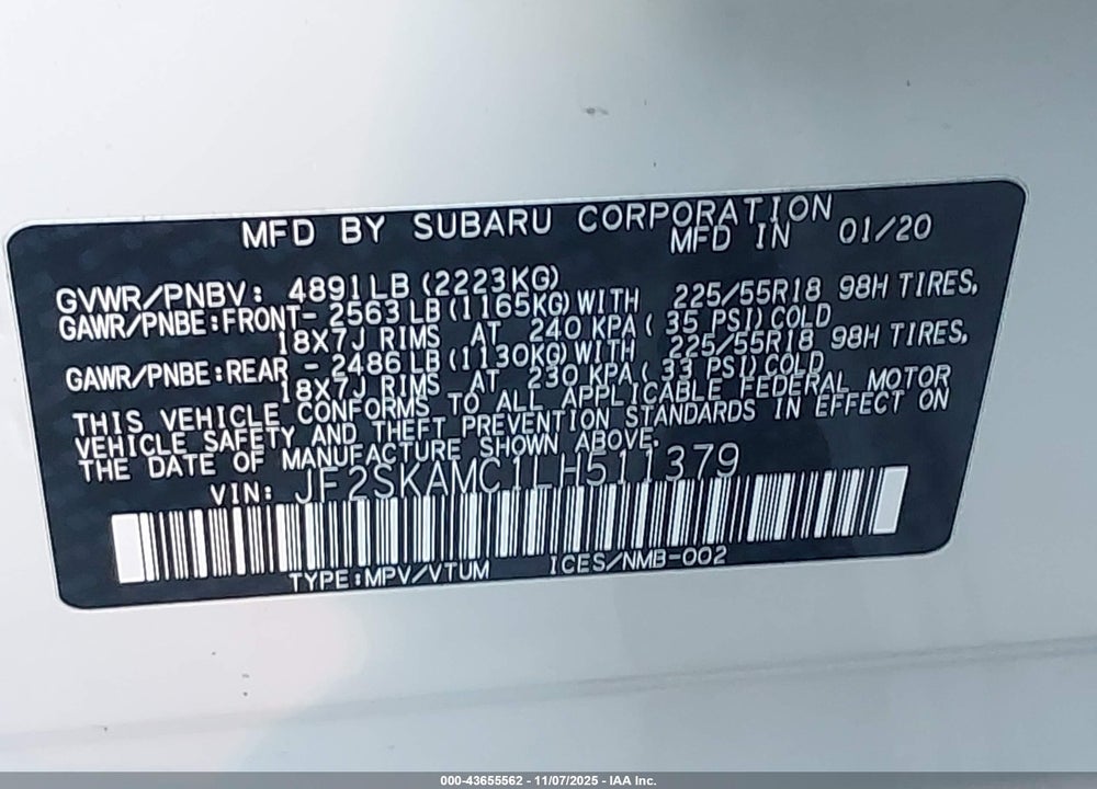 2020 SUBARU FORESTER SPORT VIN: JF2SKAMC1LH511379