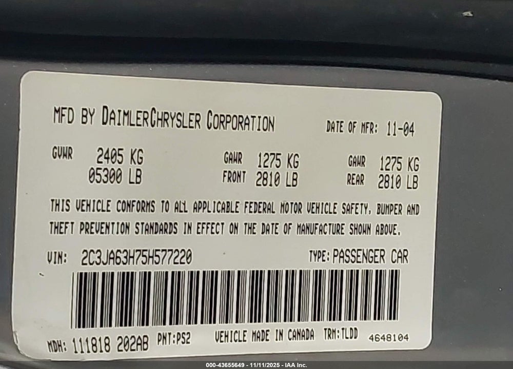 2005 CHRYSLER 300C VIN: 2C3JA63H75H577220