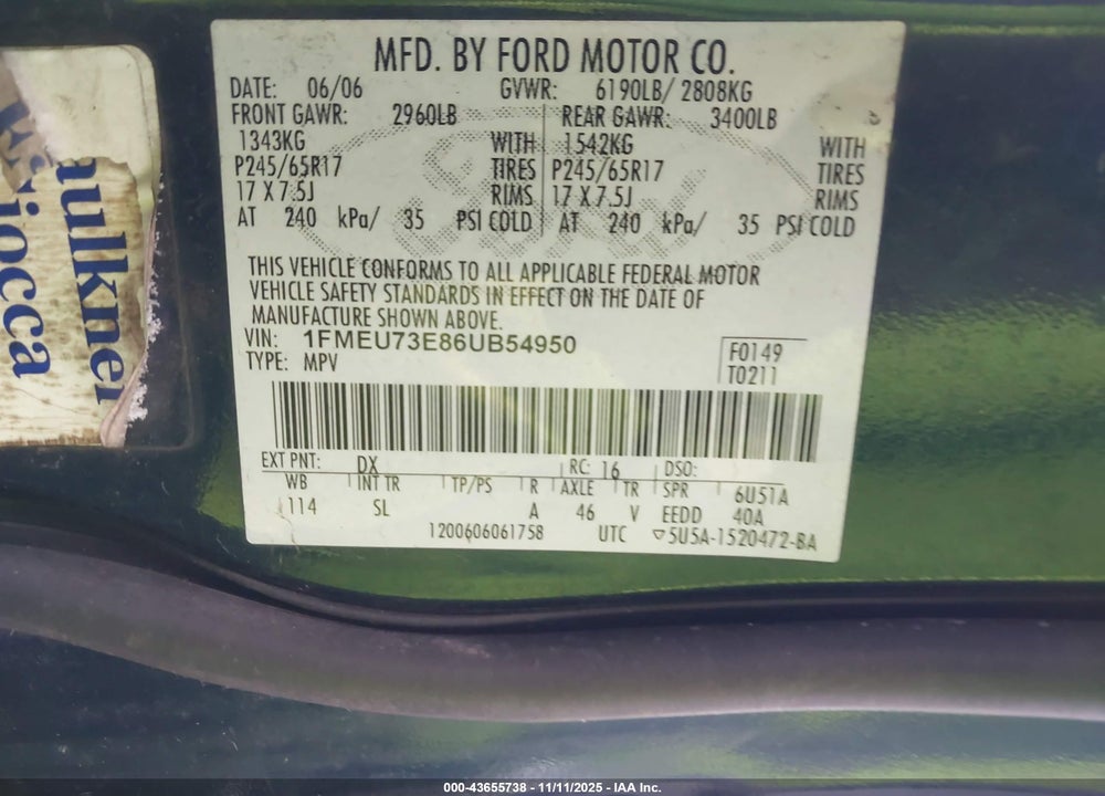 2006 FORD EXPLORER XLT VIN: 1FMEU73E86UB54950