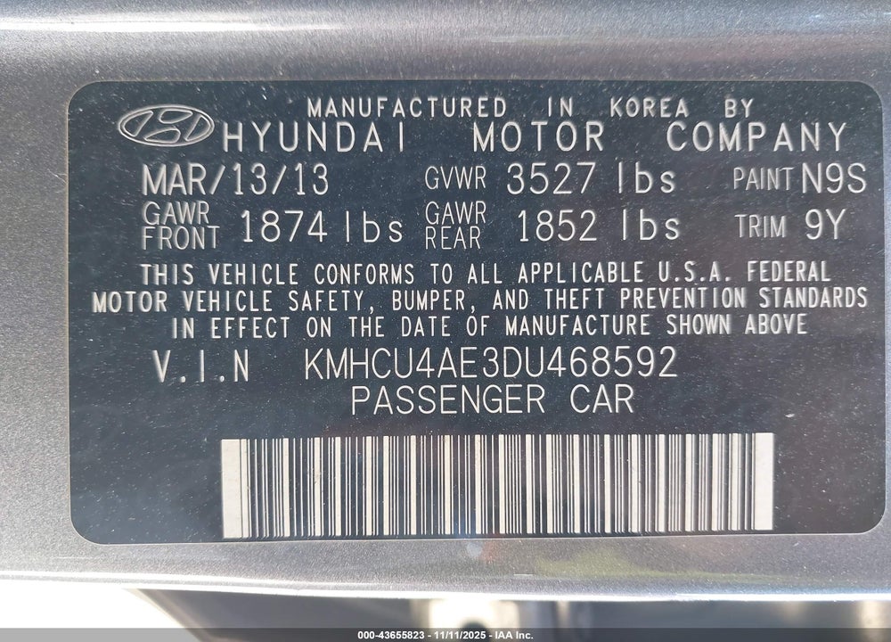 2013 HYUNDAI ACCENT GLS VIN: KMHCU4AE3DU468592
