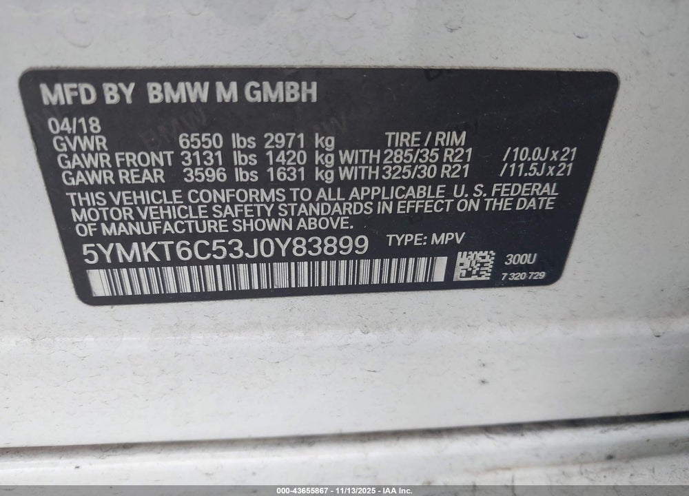 2018 BMW X5 M VIN: 5YMKT6C53J0Y83899