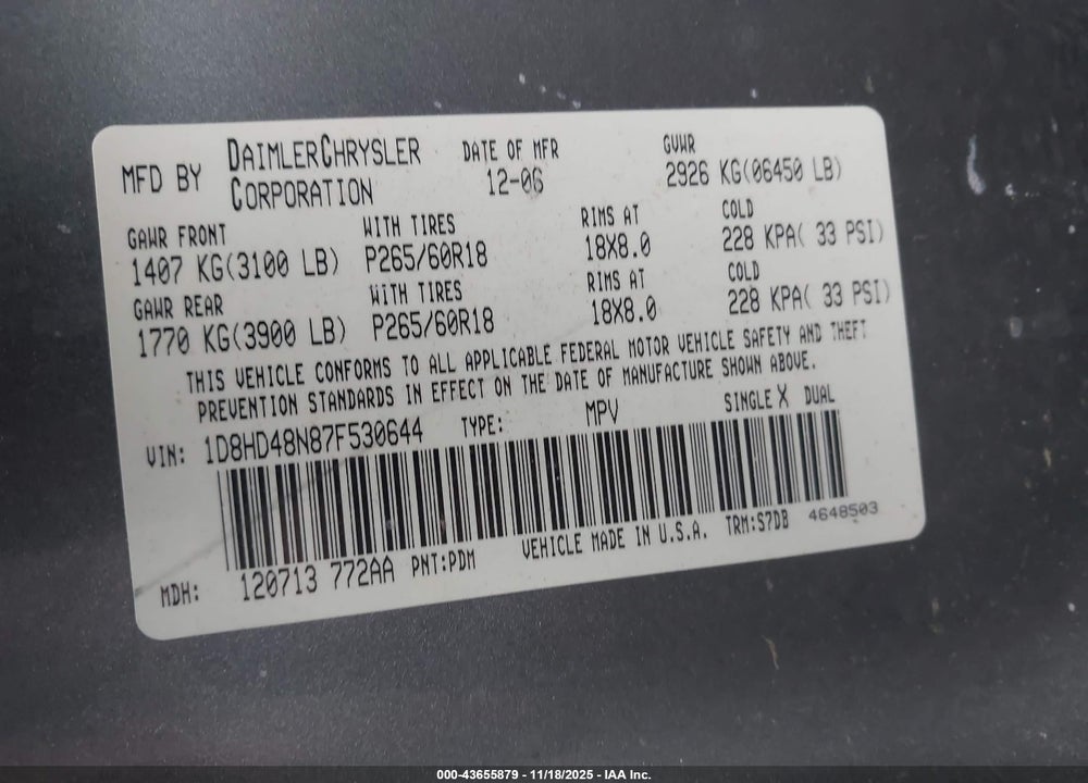 2007 DODGE DURANGO VIN: 1D8HD48N87F530644