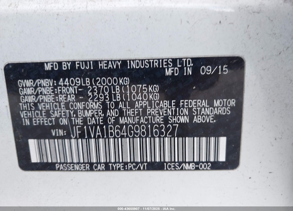 2016 SUBARU WRX VIN: JF1VA1B64G9816327