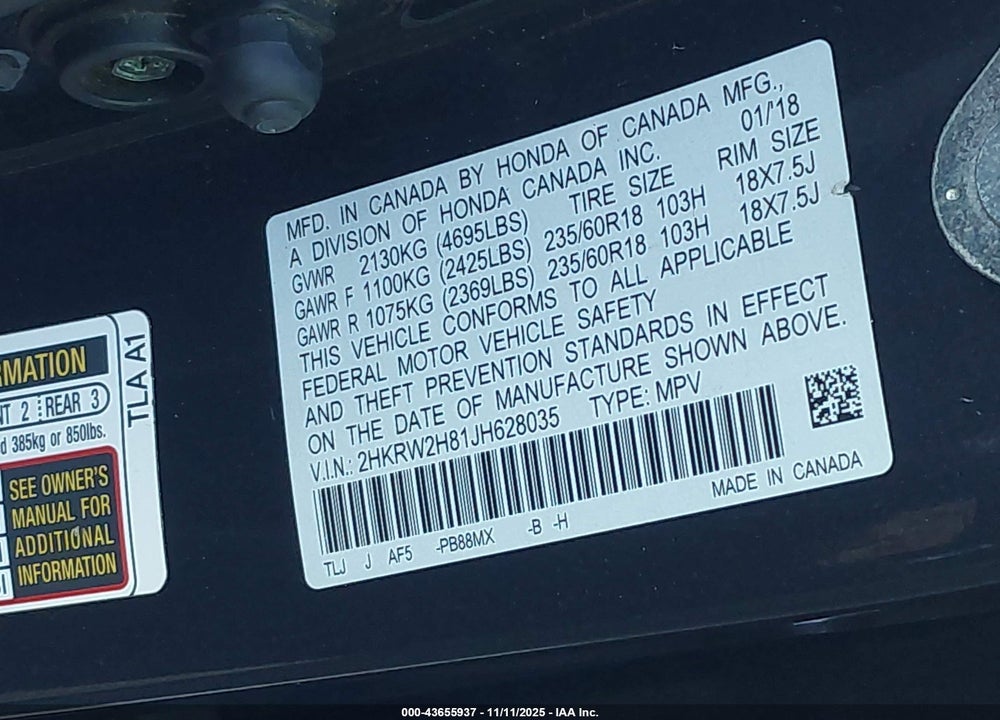 2018 HONDA CR-V VIN: 2HKRW2H81JH628035