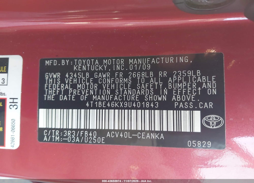 2009 TOYOTA CAMRY LE VIN: 4T1BE46KX9U401843