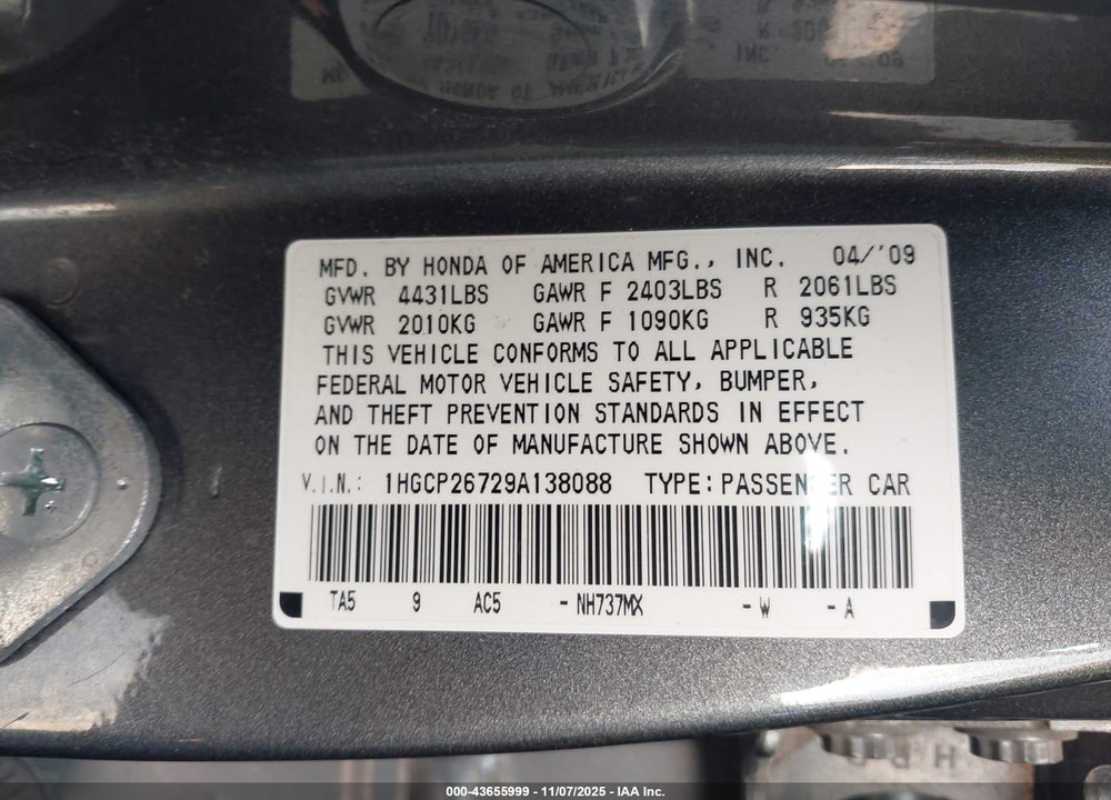2009 HONDA ACCORD VIN: 1HGCP26729A138088
