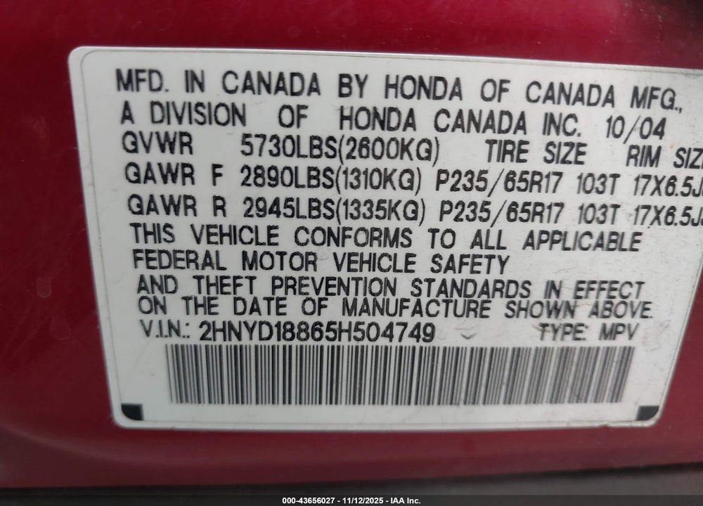 2005 ACURA MDX VIN: 2HNYD18865H504749