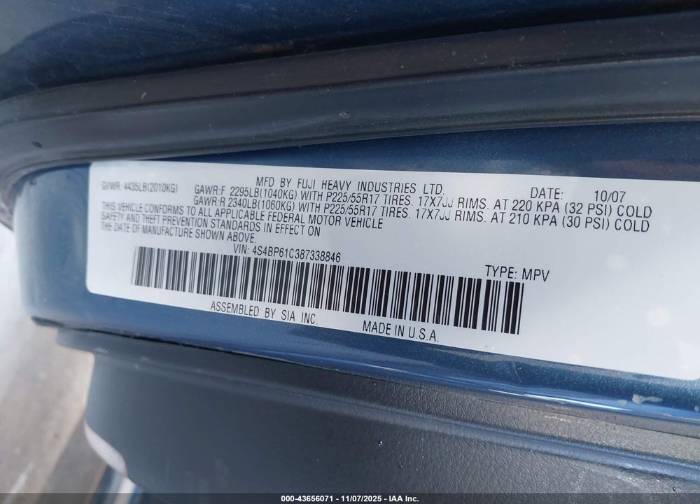 2008 SUBARU OUTBACK VIN: 4S4BP61C387338846