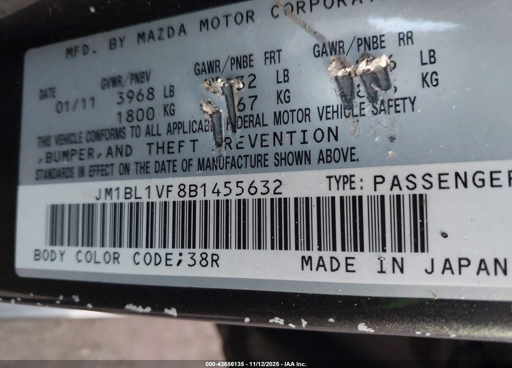 2011 MAZDA 3 I TOURING VIN: JM1BL1VF8B1455632