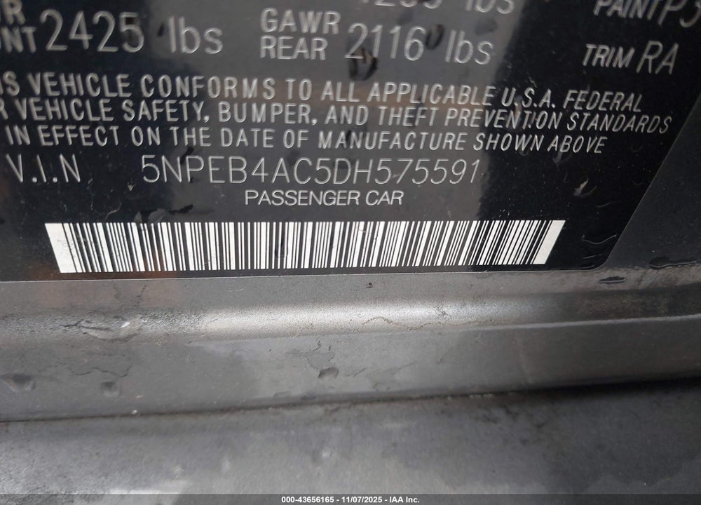 2013 HYUNDAI SONATA GLS VIN: 5NPEB4AC5DH575591
