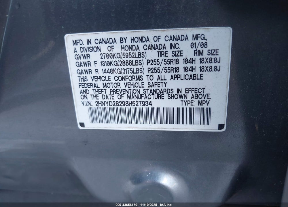 2008 ACURA MDX VIN: 2HNYD28298H527934