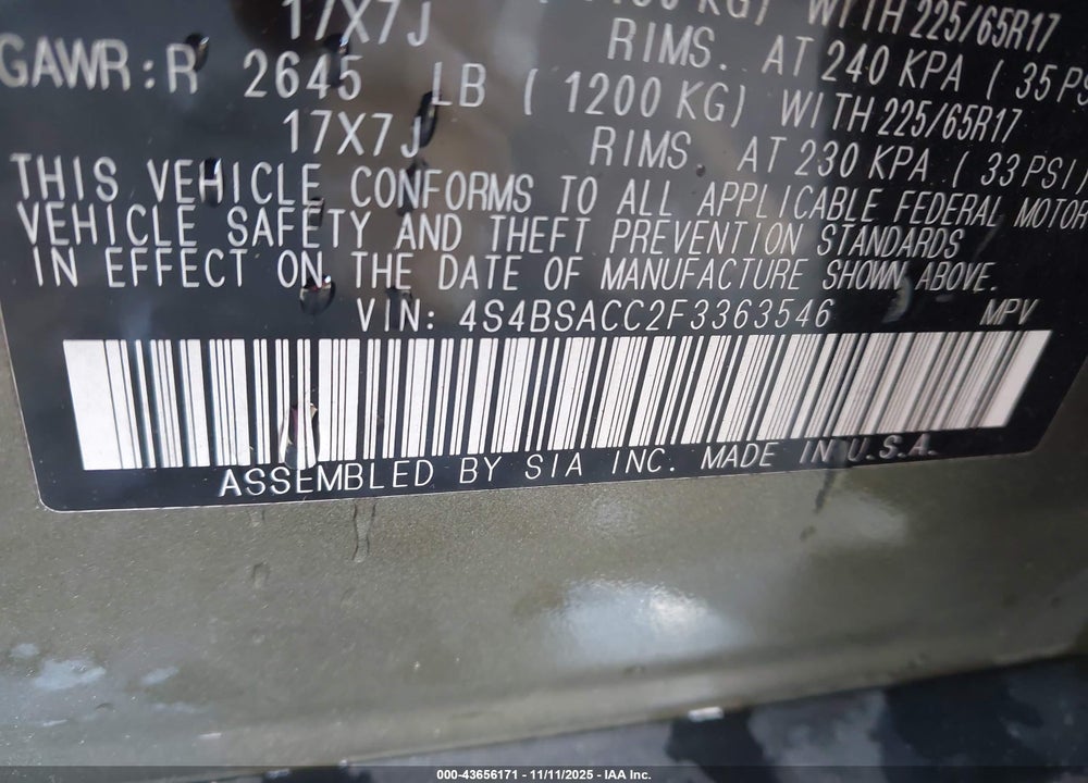 2015 SUBARU OUTBACK VIN: 4S4BSACC2F3363546