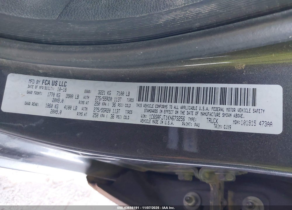 2019 RAM 1500 VIN: 1C6SRFJT1KN673256
