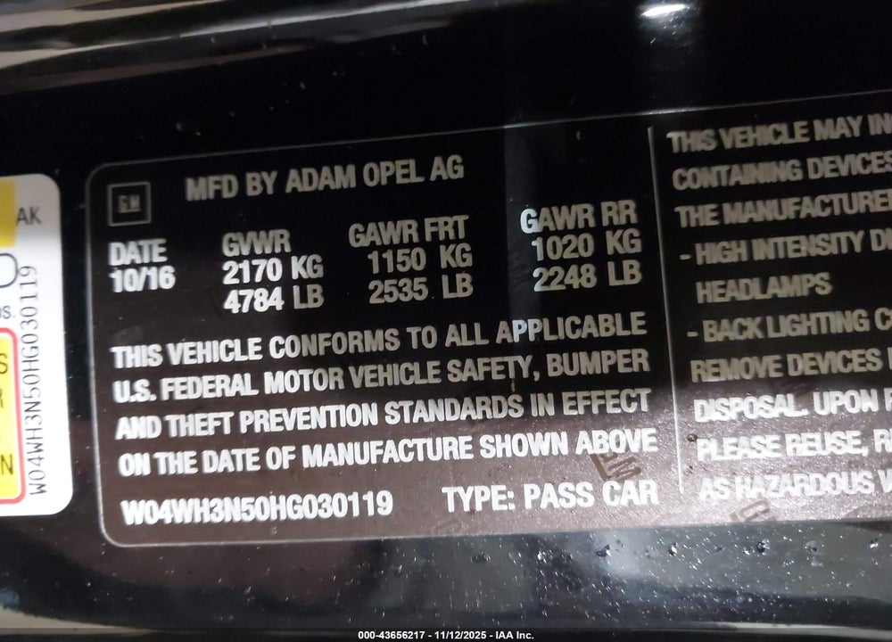 2017 BUICK CASCADA PREMIUM VIN: W04WH3N50HG030119