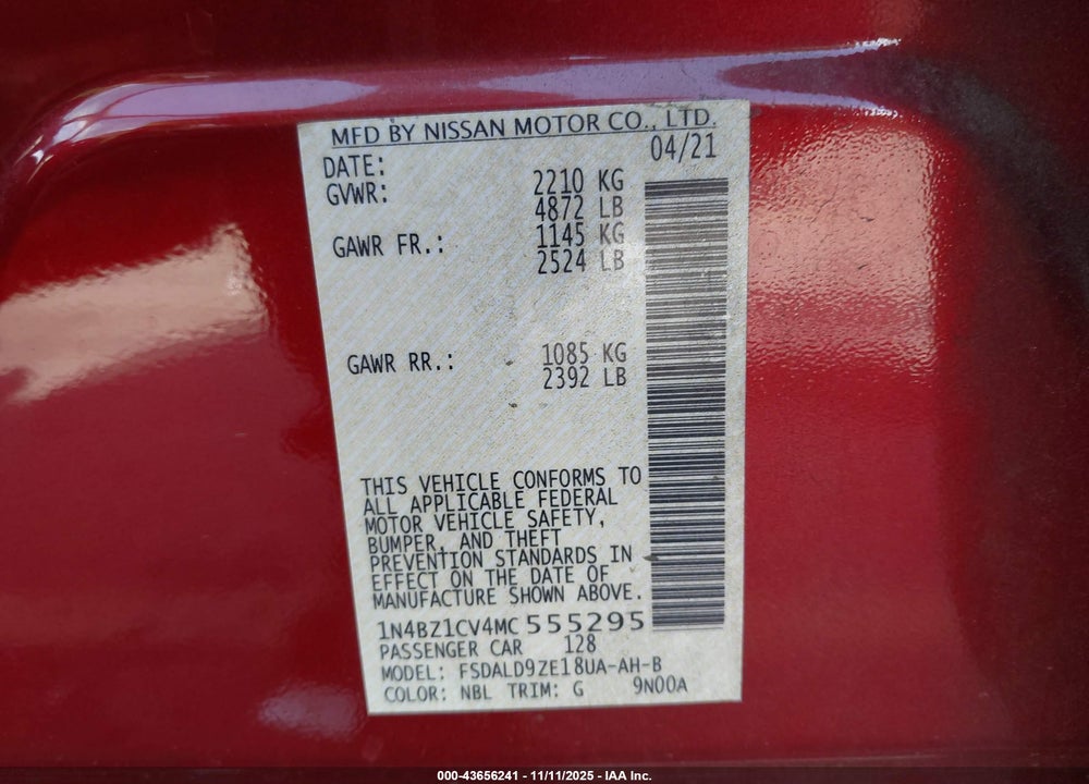 2021 NISSAN LEAF SV PLUS 62 KWH VIN: 1N4BZ1CV4MC555295